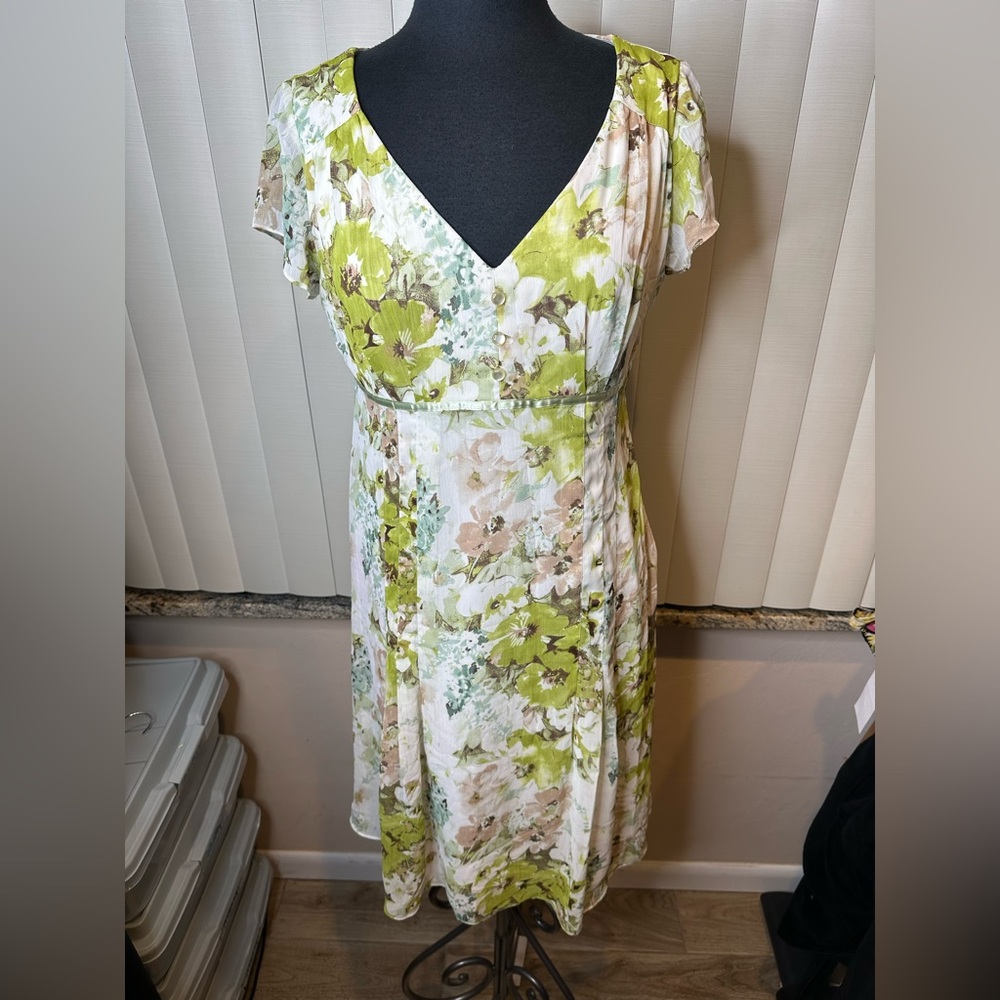 Dressbarn Floral Green White Flutter Sleeve Midi Sundress Size 12